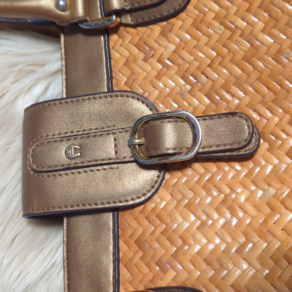 Etienne Aigner 100%  Rattan with Bronze Trim Tote Bag 15” x 9” - Picture 3 of 12